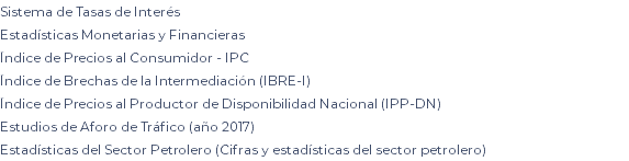 Sistema de Tasas de Interés Estadísticas Monetarias y Financieras Índice de Precios al Consumidor - IPC Índice de Brechas de la Intermediación (IBRE-I) Índice de Precios al Productor de Disponibilidad Nacional (IPP-DN) Estudios de Aforo de Tráfico (año 2017) Estadísticas del Sector Petrolero (Cifras y estadísticas del sector petrolero)