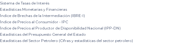 Sistema de Tasas de Interés Estadísticas Monetarias y Financieras Índice de Brechas de la Intermediación (IBRE-I) Índice de Precios al Consumidor - IPC Índice de Precios al Productor de Disponibilidad Nacional (IPP-DN) Estadísticas del Presupuesto General del Estado Estadísticas del Sector Petrolero (Cifras y estadísticas del sector petrolero) 