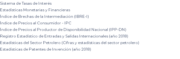 Sistema de Tasas de Interés Estadísticas Monetarias y Financieras Índice de Brechas de la Intermediación (IBRE-I) Índice de Precios al Consumidor - IPC Índice de Precios al Productor de Disponibilidad Nacional (IPP-DN) Registro Estadístico de Entradas y Salidas Internacionales (año 2018) Estadísticas del Sector Petrolero (Cifras y estadísticas del sector petrolero) Estadísticas de Patentes de Invención (año 2018) 