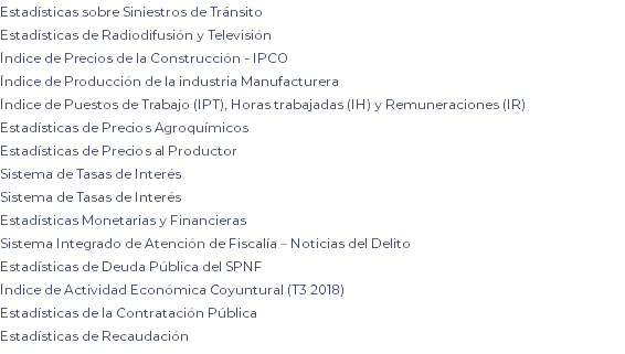 Estadísticas sobre Siniestros de Tránsito Estadísticas de Radiodifusión y Televisión Índice de Precios de la Construcción - IPCO Índice de Producción de la industria Manufacturera Índice de Puestos de Trabajo (IPT), Horas trabajadas (IH) y Remuneraciones (IR) Estadísticas de Precios Agroquímicos Estadísticas de Precios al Productor Sistema de Tasas de Interés Sistema de Tasas de Interés Estadísticas Monetarias y Financieras Sistema Integrado de Atención de Fiscalía – Noticias del Delito Estadísticas de Deuda Pública del SPNF Índice de Actividad Económica Coyuntural (T3 2018) Estadísticas de la Contratación Pública Estadísticas de Recaudación