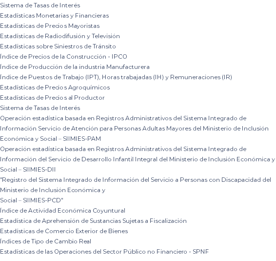 Sistema de Tasas de Interés Estadísticas Monetarias y Financieras Estadísticas de Precios Mayoristas Estadísticas de Radiodifusión y Televisión Estadísticas sobre Siniestros de Tránsito Índice de Precios de la Construcción - IPCO Índice de Producción de la industria Manufacturera Índice de Puestos de Trabajo (IPT), Horas trabajadas (IH) y Remuneraciones (IR) Estadísticas de Precios Agroquímicos Estadísticas de Precios al Productor Sistema de Tasas de Interés Operación estadística basada en Registros Administrativos del Sistema Integrado de Información Servicio de Atención para Personas Adultas Mayores del Ministerio de Inclusión Económica y Social – SIIMIES-PAM Operación estadística basada en Registros Administrativos del Sistema Integrado de Información del Servicio de Desarrollo Infantil Integral del Ministerio de Inclusión Económica y Social – SIIMIES-DII "Registro del Sistema Integrado de Información del Servicio a Personas con Discapacidad del Ministerio de Inclusión Económica y Social – SIIMIES-PCD" Índice de Actividad Económica Coyuntural Estadística de Aprehensión de Sustancias Sujetas a Fiscalización Estadísticas de Comercio Exterior de Bienes Índices de Tipo de Cambio Real Estadísticas de las Operaciones del Sector Público no Financiero - SPNF