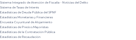 Sistema Integrado de Atención de Fiscalía – Noticias del Delito Sistema de Tasas de Interés Estadísticas de Deuda Pública del SPNF Estadísticas Monetarias y Financieras Encuesta Coyuntural de Alojamiento Estadísticas de Precios Mayoristas Estadísticas de la Contratación Pública Estadísticas de Recaudación