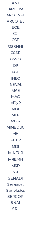 ANT ARCOM ARCONEL ARCOTEL BCE CJ GSE GSRNHI GSSE GSSO DP FGE INEC INEVAL MAE MAG MCyP MDI MEF MIES MINEDUC MH MEER MDI MINTUR MREMH MSP SB SENADI Senescyt Senplades SERCOP SNAI SRI 