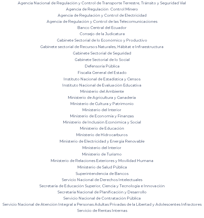 Agencia Nacional de Regulación y Control de Transporte Terrestre, Tránsito y Seguridad Vial Agencia de Regulación Control Minero Agencia de Regulación y Control de Electricidad Agencia de Regulación y Control de las Telecomunicaciones Banco Central del Ecuador Consejo de la Judicatura Gabinete Sectorial de lo Económico y Productivo Gabinete sectorial de Recursos Naturales, Hábitat e Infraestructura Gabinete Sectorial de Seguridad Gabinete Sectorial de lo Social Defensoría Pública Fiscalía General del Estado Instituto Nacional de Estadística y Censos Instituto Nacional de Evaluación Educativa Ministerio del Ambiente Ministerio de Agricultura y Ganadería Ministerio de Cultura y Patrimonio Ministerio del Interior Ministerio de Economía y Finanzas Ministerio de Inclusión Económica y Social Ministerio de Educación Ministerio de Hidrocarburos Ministerio de Electricidad y Energía Renovable Ministerio del Interior Ministerio de Turismo Ministerio de Relaciones Exteriores y Movilidad Humana Ministerio de Salud Pública Superintendencia de Bancos Servicio Nacional de Derechos Intelectuales Secretaría de Educación Superior, Ciencia y Tecnología e Innovación Secretaría Nacional de Planificación y Desarrollo Servicio Nacional de Contratación Pública Servicio Nacional de Atención Integral a Personas Adultas Privadas de la Libertad y Adolescentes Infractores Servicio de Rentas Internas 