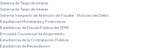 Sistema de Tasas de Interés Sistema de Tasas de Interés Sistema Integrado de Atención de Fiscalía – Noticias del Delito Estadísticas Monetarias y Financieras Estadísticas de Deuda Pública del SPNF Encuesta Coyuntural de Alojamiento Estadísticas de la Contratación Pública Estadísticas de Recaudación