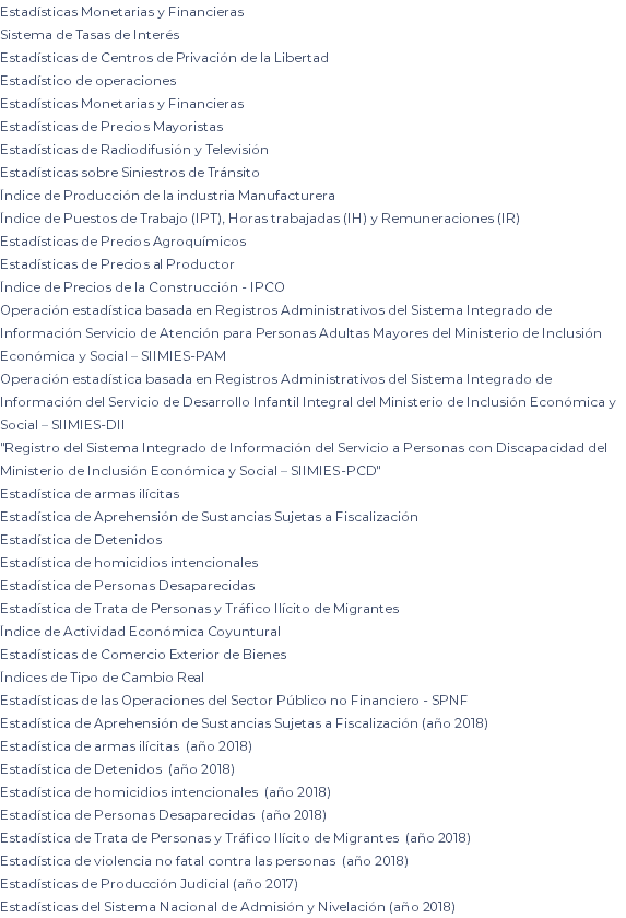 Estadísticas Monetarias y Financieras Sistema de Tasas de Interés Estadísticas de Centros de Privación de la Libertad Estadístico de operaciones Estadísticas Monetarias y Financieras Estadísticas de Precios Mayoristas Estadísticas de Radiodifusión y Televisión Estadísticas sobre Siniestros de Tránsito Índice de Producción de la industria Manufacturera Índice de Puestos de Trabajo (IPT), Horas trabajadas (IH) y Remuneraciones (IR) Estadísticas de Precios Agroquímicos Estadísticas de Precios al Productor Índice de Precios de la Construcción - IPCO Operación estadística basada en Registros Administrativos del Sistema Integrado de Información Servicio de Atención para Personas Adultas Mayores del Ministerio de Inclusión Económica y Social – SIIMIES-PAM Operación estadística basada en Registros Administrativos del Sistema Integrado de Información del Servicio de Desarrollo Infantil Integral del Ministerio de Inclusión Económica y Social – SIIMIES-DII "Registro del Sistema Integrado de Información del Servicio a Personas con Discapacidad del Ministerio de Inclusión Económica y Social – SIIMIES-PCD" Estadística de armas ilícitas Estadística de Aprehensión de Sustancias Sujetas a Fiscalización Estadística de Detenidos Estadística de homicidios intencionales Estadística de Personas Desaparecidas Estadística de Trata de Personas y Tráfico Ilícito de Migrantes Índice de Actividad Económica Coyuntural Estadísticas de Comercio Exterior de Bienes Índices de Tipo de Cambio Real Estadísticas de las Operaciones del Sector Público no Financiero - SPNF Estadística de Aprehensión de Sustancias Sujetas a Fiscalización (año 2018) Estadística de armas ilícitas (año 2018) Estadística de Detenidos (año 2018) Estadística de homicidios intencionales (año 2018) Estadística de Personas Desaparecidas (año 2018) Estadística de Trata de Personas y Tráfico Ilícito de Migrantes (año 2018) Estadística de violencia no fatal contra las personas (año 2018) Estadísticas de Producción Judicial (año 2017) Estadísticas del Sistema Nacional de Admisión y Nivelación (año 2018)