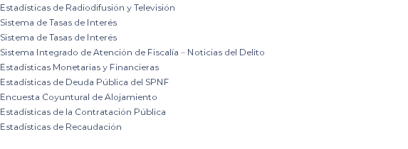 Estadísticas de Radiodifusión y Televisión Sistema de Tasas de Interés Sistema de Tasas de Interés Sistema Integrado de Atención de Fiscalía – Noticias del Delito Estadísticas Monetarias y Financieras Estadísticas de Deuda Pública del SPNF Encuesta Coyuntural de Alojamiento Estadísticas de la Contratación Pública Estadísticas de Recaudación 