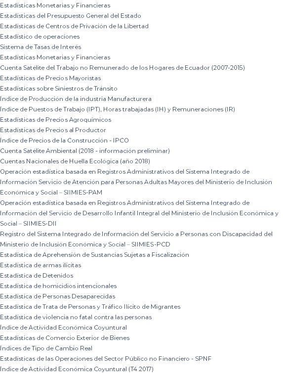 Estadísticas Monetarias y Financieras Estadísticas del Presupuesto General del Estado Estadísticas de Centros de Privación de la Libertad Estadístico de operaciones Sistema de Tasas de Interés Estadísticas Monetarias y Financieras Cuenta Satélite del Trabajo no Remunerado de los Hogares de Ecuador (2007-2015) Estadísticas de Precios Mayoristas Estadísticas sobre Siniestros de Tránsito Índice de Producción de la industria Manufacturera Índice de Puestos de Trabajo (IPT), Horas trabajadas (IH) y Remuneraciones (IR) Estadísticas de Precios Agroquímicos Estadísticas de Precios al Productor Índice de Precios de la Construcción - IPCO Cuenta Satélite Ambiental (2018 - información preliminar) Cuentas Nacionales de Huella Ecológica (año 2018) Operación estadística basada en Registros Administrativos del Sistema Integrado de Información Servicio de Atención para Personas Adultas Mayores del Ministerio de Inclusión Económica y Social – SIIMIES-PAM Operación estadística basada en Registros Administrativos del Sistema Integrado de Información del Servicio de Desarrollo Infantil Integral del Ministerio de Inclusión Económica y Social – SIIMIES-DII Registro del Sistema Integrado de Información del Servicio a Personas con Discapacidad del Ministerio de Inclusión Económica y Social – SIIMIES-PCD Estadística de Aprehensión de Sustancias Sujetas a Fiscalización Estadística de armas ilícitas Estadística de Detenidos Estadística de homicidios intencionales Estadística de Personas Desaparecidas Estadística de Trata de Personas y Tráfico Ilícito de Migrantes Estadística de violencia no fatal contra las personas Índice de Actividad Económica Coyuntural Estadísticas de Comercio Exterior de Bienes Índices de Tipo de Cambio Real Estadísticas de las Operaciones del Sector Público no Financiero - SPNF Índice de Actividad Económica Coyuntural (T4 2017)