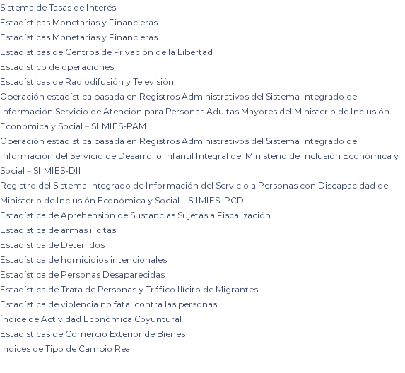 Sistema de Tasas de Interés Estadísticas Monetarias y Financieras Estadísticas Monetarias y Financieras Estadísticas de Centros de Privación de la Libertad Estadístico de operaciones Estadísticas de Radiodifusión y Televisión Operación estadística basada en Registros Administrativos del Sistema Integrado de Información Servicio de Atención para Personas Adultas Mayores del Ministerio de Inclusión Económica y Social – SIIMIES-PAM Operación estadística basada en Registros Administrativos del Sistema Integrado de Información del Servicio de Desarrollo Infantil Integral del Ministerio de Inclusión Económica y Social – SIIMIES-DII Registro del Sistema Integrado de Información del Servicio a Personas con Discapacidad del Ministerio de Inclusión Económica y Social – SIIMIES-PCD Estadística de Aprehensión de Sustancias Sujetas a Fiscalización Estadística de armas ilícitas Estadística de Detenidos Estadística de homicidios intencionales Estadística de Personas Desaparecidas Estadística de Trata de Personas y Tráfico Ilícito de Migrantes Estadística de violencia no fatal contra las personas Índice de Actividad Económica Coyuntural Estadísticas de Comercio Exterior de Bienes Índices de Tipo de Cambio Real 