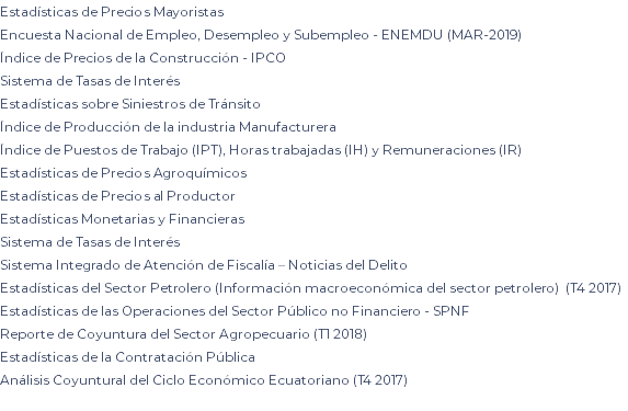 Estadísticas de Precios Mayoristas Encuesta Nacional de Empleo, Desempleo y Subempleo - ENEMDU (MAR-2019) Índice de Precios de la Construcción - IPCO Sistema de Tasas de Interés Estadísticas sobre Siniestros de Tránsito Índice de Producción de la industria Manufacturera Índice de Puestos de Trabajo (IPT), Horas trabajadas (IH) y Remuneraciones (IR) Estadísticas de Precios Agroquímicos Estadísticas de Precios al Productor Estadísticas Monetarias y Financieras Sistema de Tasas de Interés Sistema Integrado de Atención de Fiscalía – Noticias del Delito Estadísticas del Sector Petrolero (Información macroeconómica del sector petrolero) (T4 2017) Estadísticas de las Operaciones del Sector Público no Financiero - SPNF Reporte de Coyuntura del Sector Agropecuario (T1 2018) Estadísticas de la Contratación Pública Análisis Coyuntural del Ciclo Económico Ecuatoriano (T4 2017)