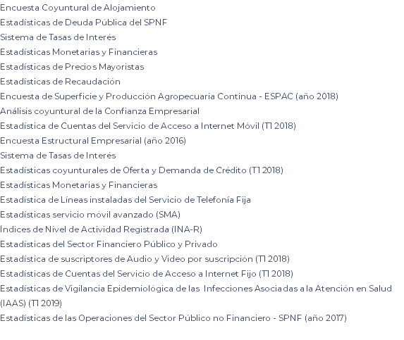 Encuesta Coyuntural de Alojamiento Estadísticas de Deuda Pública del SPNF Sistema de Tasas de Interés Estadísticas Monetarias y Financieras Estadísticas de Precios Mayoristas Estadísticas de Recaudación Encuesta de Superficie y Producción Agropecuaria Continua - ESPAC (año 2018) Análisis coyuntural de la Confianza Empresarial Estadística de Cuentas del Servicio de Acceso a Internet Móvil (T1 2018) Encuesta Estructural Empresarial (año 2016) Sistema de Tasas de Interés Estadísticas coyunturales de Oferta y Demanda de Crédito (T1 2018) Estadísticas Monetarias y Financieras Estadística de Líneas instaladas del Servicio de Telefonía Fija Estadísticas servicio móvil avanzado (SMA) Índices de Nivel de Actividad Registrada (INA-R) Estadísticas del Sector Financiero Público y Privado Estadística de suscriptores de Audio y Video por suscripción (T1 2018) Estadísticas de Cuentas del Servicio de Acceso a Internet Fijo (T1 2018) Estadísticas de Vigilancia Epidemiológica de las Infecciones Asociadas a la Atención en Salud (IAAS) (T1 2019) Estadísticas de las Operaciones del Sector Público no Financiero - SPNF (año 2017) 