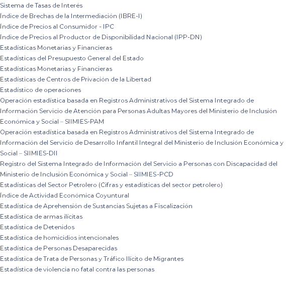 Sistema de Tasas de Interés Índice de Brechas de la Intermediación (IBRE-I) Índice de Precios al Consumidor - IPC Índice de Precios al Productor de Disponibilidad Nacional (IPP-DN) Estadísticas Monetarias y Financieras Estadísticas del Presupuesto General del Estado Estadísticas Monetarias y Financieras Estadísticas de Centros de Privación de la Libertad Estadístico de operaciones Operación estadística basada en Registros Administrativos del Sistema Integrado de Información Servicio de Atención para Personas Adultas Mayores del Ministerio de Inclusión Económica y Social – SIIMIES-PAM Operación estadística basada en Registros Administrativos del Sistema Integrado de Información del Servicio de Desarrollo Infantil Integral del Ministerio de Inclusión Económica y Social – SIIMIES-DII Registro del Sistema Integrado de Información del Servicio a Personas con Discapacidad del Ministerio de Inclusión Económica y Social – SIIMIES-PCD Estadísticas del Sector Petrolero (Cifras y estadísticas del sector petrolero) Índice de Actividad Económica Coyuntural Estadística de Aprehensión de Sustancias Sujetas a Fiscalización Estadística de armas ilícitas Estadística de Detenidos Estadística de homicidios intencionales Estadística de Personas Desaparecidas Estadística de Trata de Personas y Tráfico Ilícito de Migrantes Estadística de violencia no fatal contra las personas 