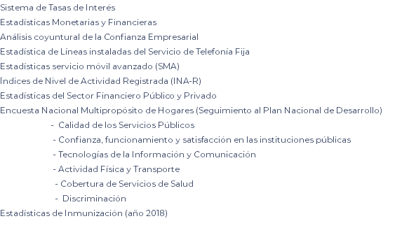 Sistema de Tasas de Interés Estadísticas Monetarias y Financieras Análisis coyuntural de la Confianza Empresarial Estadística de Líneas instaladas del Servicio de Telefonía Fija Estadísticas servicio móvil avanzado (SMA) Índices de Nivel de Actividad Registrada (INA-R) Estadísticas del Sector Financiero Público y Privado Encuesta Nacional Multipropósito de Hogares (Seguimiento al Plan Nacional de Desarrollo) - Calidad de los Servicios Públicos - Confianza, funcionamiento y satisfacción en las instituciones públicas - Tecnologías de la Información y Comunicación - Actividad Física y Transporte - Cobertura de Servicios de Salud - Discriminación Estadísticas de Inmunización (año 2018) 