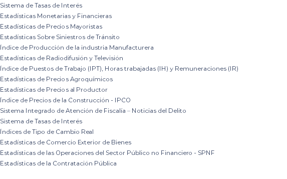 Sistema de Tasas de Interés Estadísticas Monetarias y Financieras Estadísticas de Precios Mayoristas Estadísticas Sobre Siniestros de Tránsito Índice de Producción de la industria Manufacturera Estadísticas de Radiodifusión y Televisión Índice de Puestos de Trabajo (IPT), Horas trabajadas (IH) y Remuneraciones (IR) Estadísticas de Precios Agroquímicos Estadísticas de Precios al Productor Índice de Precios de la Construcción - IPCO Sistema Integrado de Atención de Fiscalía – Noticias del Delito Sistema de Tasas de Interés Índices de Tipo de Cambio Real Estadísticas de Comercio Exterior de Bienes Estadísticas de las Operaciones del Sector Público no Financiero - SPNF Estadísticas de la Contratación Pública