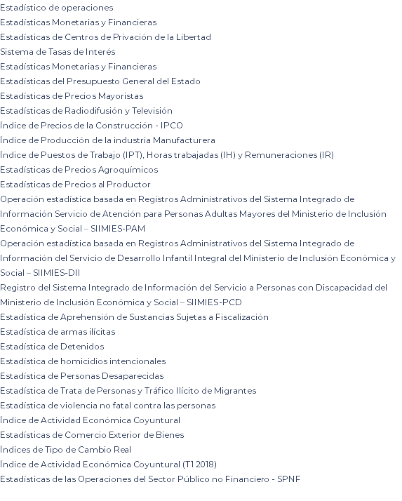 Estadístico de operaciones Estadísticas Monetarias y Financieras Estadísticas de Centros de Privación de la Libertad Sistema de Tasas de Interés Estadísticas Monetarias y Financieras Estadísticas del Presupuesto General del Estado Estadísticas de Precios Mayoristas Estadísticas de Radiodifusión y Televisión Índice de Precios de la Construcción - IPCO Índice de Producción de la industria Manufacturera Índice de Puestos de Trabajo (IPT), Horas trabajadas (IH) y Remuneraciones (IR) Estadísticas de Precios Agroquímicos Estadísticas de Precios al Productor Operación estadística basada en Registros Administrativos del Sistema Integrado de Información Servicio de Atención para Personas Adultas Mayores del Ministerio de Inclusión Económica y Social – SIIMIES-PAM Operación estadística basada en Registros Administrativos del Sistema Integrado de Información del Servicio de Desarrollo Infantil Integral del Ministerio de Inclusión Económica y Social – SIIMIES-DII Registro del Sistema Integrado de Información del Servicio a Personas con Discapacidad del Ministerio de Inclusión Económica y Social – SIIMIES-PCD Estadística de Aprehensión de Sustancias Sujetas a Fiscalización Estadística de armas ilícitas Estadística de Detenidos Estadística de homicidios intencionales Estadística de Personas Desaparecidas Estadística de Trata de Personas y Tráfico Ilícito de Migrantes Estadística de violencia no fatal contra las personas Índice de Actividad Económica Coyuntural Estadísticas de Comercio Exterior de Bienes Índices de Tipo de Cambio Real Índice de Actividad Económica Coyuntural (T1 2018) Estadísticas de las Operaciones del Sector Público no Financiero - SPNF 