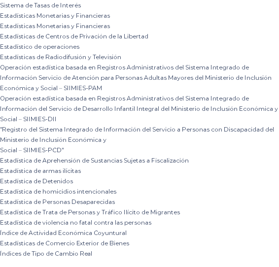 Sistema de Tasas de Interés Estadísticas Monetarias y Financieras Estadísticas Monetarias y Financieras Estadísticas de Centros de Privación de la Libertad Estadístico de operaciones Estadísticas de Radiodifusión y Televisión Operación estadística basada en Registros Administrativos del Sistema Integrado de Información Servicio de Atención para Personas Adultas Mayores del Ministerio de Inclusión Económica y Social – SIIMIES-PAM Operación estadística basada en Registros Administrativos del Sistema Integrado de Información del Servicio de Desarrollo Infantil Integral del Ministerio de Inclusión Económica y Social – SIIMIES-DII "Registro del Sistema Integrado de Información del Servicio a Personas con Discapacidad del Ministerio de Inclusión Económica y Social – SIIMIES-PCD" Estadística de Aprehensión de Sustancias Sujetas a Fiscalización Estadística de armas ilícitas Estadística de Detenidos Estadística de homicidios intencionales Estadística de Personas Desaparecidas Estadística de Trata de Personas y Tráfico Ilícito de Migrantes Estadística de violencia no fatal contra las personas Índice de Actividad Económica Coyuntural Estadísticas de Comercio Exterior de Bienes Índices de Tipo de Cambio Real