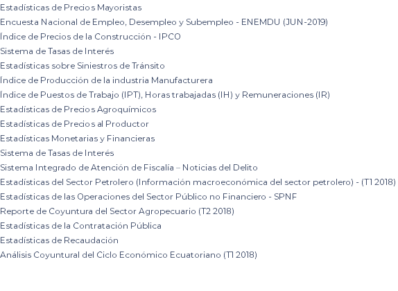 Estadísticas de Precios Mayoristas Encuesta Nacional de Empleo, Desempleo y Subempleo - ENEMDU (JUN-2019) Índice de Precios de la Construcción - IPCO Sistema de Tasas de Interés Estadísticas sobre Siniestros de Tránsito Índice de Producción de la industria Manufacturera Índice de Puestos de Trabajo (IPT), Horas trabajadas (IH) y Remuneraciones (IR) Estadísticas de Precios Agroquímicos Estadísticas de Precios al Productor Estadísticas Monetarias y Financieras Sistema de Tasas de Interés Sistema Integrado de Atención de Fiscalía – Noticias del Delito Estadísticas del Sector Petrolero (Información macroeconómica del sector petrolero) - (T1 2018) Estadísticas de las Operaciones del Sector Público no Financiero - SPNF Reporte de Coyuntura del Sector Agropecuario (T2 2018) Estadísticas de la Contratación Pública Estadísticas de Recaudación Análisis Coyuntural del Ciclo Económico Ecuatoriano (T1 2018) 