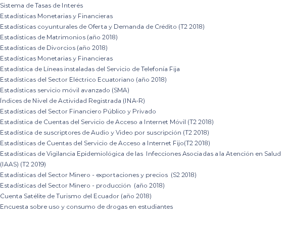 Sistema de Tasas de Interés Estadísticas Monetarias y Financieras Estadísticas coyunturales de Oferta y Demanda de Crédito (T2 2018) Estadísticas de Matrimonios (año 2018) Estadísticas de Divorcios (año 2018) Estadísticas Monetarias y Financieras Estadística de Líneas instaladas del Servicio de Telefonía Fija Estadísticas del Sector Eléctrico Ecuatoriano (año 2018) Estadísticas servicio móvil avanzado (SMA) Índices de Nivel de Actividad Registrada (INA-R) Estadísticas del Sector Financiero Público y Privado Estadística de Cuentas del Servicio de Acceso a Internet Móvil (T2 2018) Estadística de suscriptores de Audio y Video por suscripción (T2 2018) Estadísticas de Cuentas del Servicio de Acceso a Internet Fijo(T2 2018) Estadísticas de Vigilancia Epidemiológica de las Infecciones Asociadas a la Atención en Salud (IAAS) (T2 2019) Estadísticas del Sector Minero - exportaciones y precios (S2 2018) Estadísticas del Sector Minero - producción (año 2018) Cuenta Satélite de Turismo del Ecuador (año 2018) Encuesta sobre uso y consumo de drogas en estudiantes 