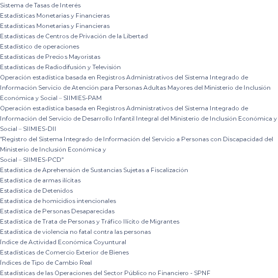 Sistema de Tasas de Interés Estadísticas Monetarias y Financieras Estadísticas Monetarias y Financieras Estadísticas de Centros de Privación de la Libertad Estadístico de operaciones Estadísticas de Precios Mayoristas Estadísticas de Radiodifusión y Televisión Operación estadística basada en Registros Administrativos del Sistema Integrado de Información Servicio de Atención para Personas Adultas Mayores del Ministerio de Inclusión Económica y Social – SIIMIES-PAM Operación estadística basada en Registros Administrativos del Sistema Integrado de Información del Servicio de Desarrollo Infantil Integral del Ministerio de Inclusión Económica y Social – SIIMIES-DII "Registro del Sistema Integrado de Información del Servicio a Personas con Discapacidad del Ministerio de Inclusión Económica y Social – SIIMIES-PCD" Estadística de Aprehensión de Sustancias Sujetas a Fiscalización Estadística de armas ilícitas Estadística de Detenidos Estadística de homicidios intencionales Estadística de Personas Desaparecidas Estadística de Trata de Personas y Tráfico Ilícito de Migrantes Estadística de violencia no fatal contra las personas Índice de Actividad Económica Coyuntural Estadísticas de Comercio Exterior de Bienes Índices de Tipo de Cambio Real Estadísticas de las Operaciones del Sector Público no Financiero - SPNF