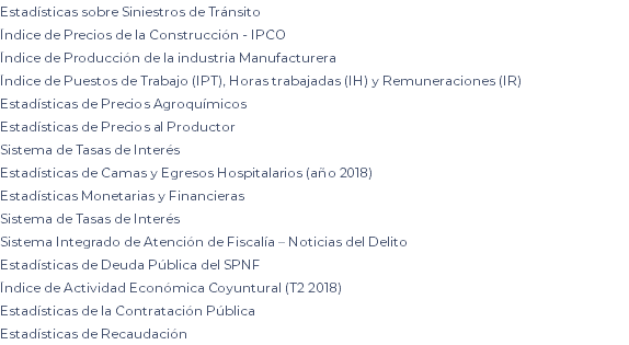 Estadísticas sobre Siniestros de Tránsito Índice de Precios de la Construcción - IPCO Índice de Producción de la industria Manufacturera Índice de Puestos de Trabajo (IPT), Horas trabajadas (IH) y Remuneraciones (IR) Estadísticas de Precios Agroquímicos Estadísticas de Precios al Productor Sistema de Tasas de Interés Estadísticas de Camas y Egresos Hospitalarios (año 2018) Estadísticas Monetarias y Financieras Sistema de Tasas de Interés Sistema Integrado de Atención de Fiscalía – Noticias del Delito Estadísticas de Deuda Pública del SPNF Índice de Actividad Económica Coyuntural (T2 2018) Estadísticas de la Contratación Pública Estadísticas de Recaudación