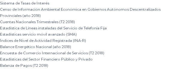 Sistema de Tasas de Interés Censo de Información Ambiental Económica en Gobiernos Autónomos Descentralizados Provinciales (año 2018) Cuentas Nacionales Trimestrales (T2 2018) Estadística de Líneas instaladas del Servicio de Telefonía Fija Estadísticas servicio móvil avanzado (SMA) Índices de Nivel de Actividad Registrada (INA-R) Balance Energético Nacional (año 2018) Encuesta de Comercio Internacional de Servicios (T2 2018) Estadísticas del Sector Financiero Público y Privado Balanza de Pagos (T2 2018) 