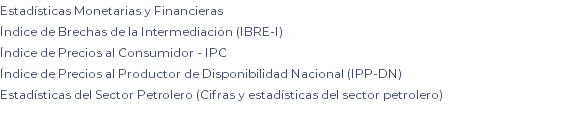 Estadísticas Monetarias y Financieras Índice de Brechas de la Intermediación (IBRE-I) Índice de Precios al Consumidor - IPC Índice de Precios al Productor de Disponibilidad Nacional (IPP-DN) Estadísticas del Sector Petrolero (Cifras y estadísticas del sector petrolero)