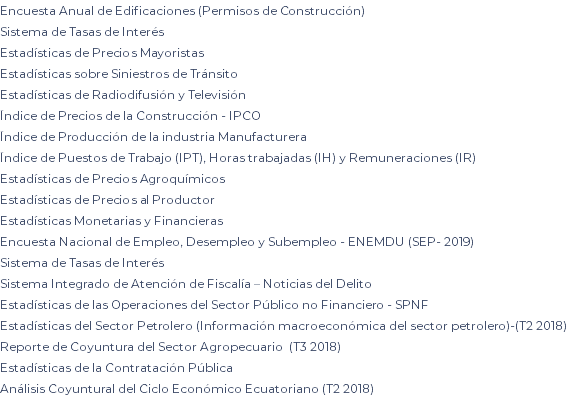 Encuesta Anual de Edificaciones (Permisos de Construcción) Sistema de Tasas de Interés Estadísticas de Precios Mayoristas Estadísticas sobre Siniestros de Tránsito Estadísticas de Radiodifusión y Televisión Índice de Precios de la Construcción - IPCO Índice de Producción de la industria Manufacturera Índice de Puestos de Trabajo (IPT), Horas trabajadas (IH) y Remuneraciones (IR) Estadísticas de Precios Agroquímicos Estadísticas de Precios al Productor Estadísticas Monetarias y Financieras Encuesta Nacional de Empleo, Desempleo y Subempleo - ENEMDU (SEP- 2019) Sistema de Tasas de Interés Sistema Integrado de Atención de Fiscalía – Noticias del Delito Estadísticas de las Operaciones del Sector Público no Financiero - SPNF Estadísticas del Sector Petrolero (Información macroeconómica del sector petrolero)-(T2 2018) Reporte de Coyuntura del Sector Agropecuario (T3 2018) Estadísticas de la Contratación Pública Análisis Coyuntural del Ciclo Económico Ecuatoriano (T2 2018)