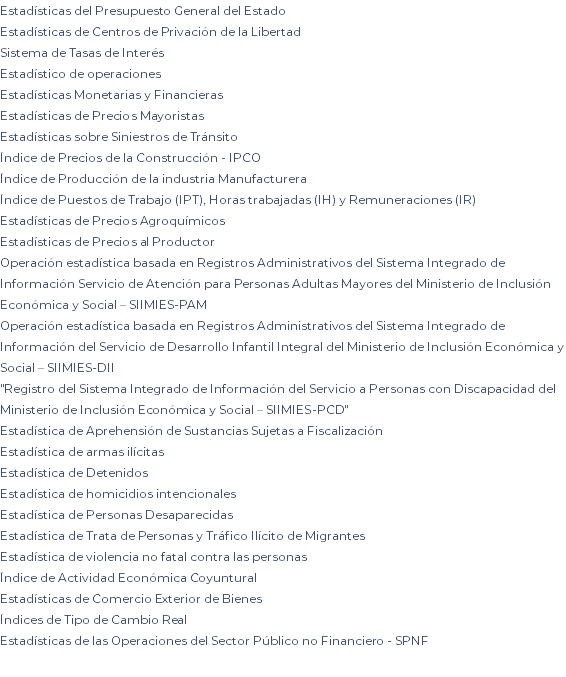 Estadísticas del Presupuesto General del Estado Estadísticas de Centros de Privación de la Libertad Sistema de Tasas de Interés Estadístico de operaciones Estadísticas Monetarias y Financieras Estadísticas de Precios Mayoristas Estadísticas sobre Siniestros de Tránsito Índice de Precios de la Construcción - IPCO Índice de Producción de la industria Manufacturera Índice de Puestos de Trabajo (IPT), Horas trabajadas (IH) y Remuneraciones (IR) Estadísticas de Precios Agroquímicos Estadísticas de Precios al Productor Operación estadística basada en Registros Administrativos del Sistema Integrado de Información Servicio de Atención para Personas Adultas Mayores del Ministerio de Inclusión Económica y Social – SIIMIES-PAM Operación estadística basada en Registros Administrativos del Sistema Integrado de Información del Servicio de Desarrollo Infantil Integral del Ministerio de Inclusión Económica y Social – SIIMIES-DII "Registro del Sistema Integrado de Información del Servicio a Personas con Discapacidad del Ministerio de Inclusión Económica y Social – SIIMIES-PCD" Estadística de Aprehensión de Sustancias Sujetas a Fiscalización Estadística de armas ilícitas Estadística de Detenidos Estadística de homicidios intencionales Estadística de Personas Desaparecidas Estadística de Trata de Personas y Tráfico Ilícito de Migrantes Estadística de violencia no fatal contra las personas Índice de Actividad Económica Coyuntural Estadísticas de Comercio Exterior de Bienes Índices de Tipo de Cambio Real Estadísticas de las Operaciones del Sector Público no Financiero - SPNF