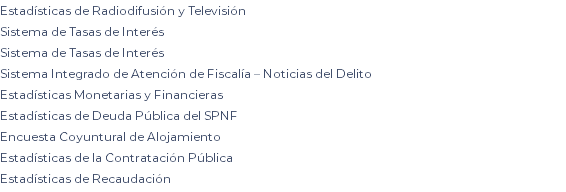 Estadísticas de Radiodifusión y Televisión Sistema de Tasas de Interés Sistema de Tasas de Interés Sistema Integrado de Atención de Fiscalía – Noticias del Delito Estadísticas Monetarias y Financieras Estadísticas de Deuda Pública del SPNF Encuesta Coyuntural de Alojamiento Estadísticas de la Contratación Pública Estadísticas de Recaudación