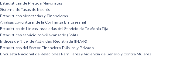 Estadísticas de Precios Mayoristas Sistema de Tasas de Interés Estadísticas Monetarias y Financieras Análisis coyuntural de la Confianza Empresarial Estadística de Líneas instaladas del Servicio de Telefonía Fija Estadísticas servicio móvil avanzado (SMA) Índices de Nivel de Actividad Registrada (INA-R) Estadísticas del Sector Financiero Público y Privado Encuesta Nacional de Relaciones Familiares y Violencia de Género y contra Mujeres