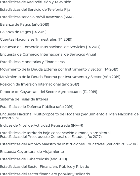 Estadísticas de Radiodifusión y Televisión Estadísticas del Servicio de Telefonía Fija Estadísticas servicio móvil avanzado (SMA) Balanza de Pagos (año 2019) Balanza de Pagos (T4 2019) Cuentas Nacionales Trimestrales (T4 2019) Encuesta de Comercio Internacional de Servicios (T4 2017) Encuesta de Comercio Internacional de Servicios Anual Estadísticas Monetarias y Financieras Movimiento de la Deuda Externa por Instrumento y Sector (T4 2019) Movimiento de la Deuda Externa por Instrumento y Sector (Año 2019) Posición de Inversión Internacional (año 2019) Reporte de Coyuntura del Sector Agropecuario (T4 2019) Sistema de Tasas de Interés Estadísticas de Defensa Pública (año 2019) Encuesta Nacional Multipropósito de Hogares (Seguimiento al Plan Nacional de Desarrollo) Índices de Nivel de Actividad Registrada (INA-R) Estadísticas de territorio bajo conservación o manejo ambiental Estadísticas del Presupuesto General del Estado (año 2017) Estadísticas del Archivo Maestro de Instituciones Educativas (Periodo 2017-2018) Encuesta Coyuntural de Alojamiento Estadísticas de Tuberculosis (año 2019) Estadísticas del Sector Financiero Público y Privado Estadísticas del sector financiero popular y solidario