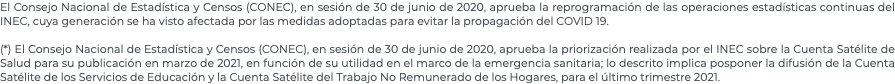 El Consejo Nacional de Estadística y Censos (CONEC), en sesión de 30 de junio de 2020, aprueba la reprogramación de las operaciones estadísticas continuas del INEC, cuya generación se ha visto afectada por las medidas adoptadas para evitar la propagación del COVID 19. (*) El Consejo Nacional de Estadística y Censos (CONEC), en sesión de 30 de junio de 2020, aprueba la priorización realizada por el INEC sobre la Cuenta Satélite de Salud para su publicación en marzo de 2021, en función de su utilidad en el marco de la emergencia sanitaria; lo descrito implica posponer la difusión de la Cuenta Satélite de los Servicios de Educación y la Cuenta Satélite del Trabajo No Remunerado de los Hogares, para el último trimestre 2021.