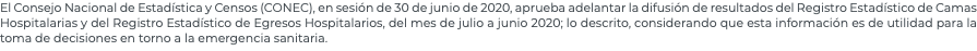 El Consejo Nacional de Estadística y Censos (CONEC), en sesión de 30 de junio de 2020, aprueba adelantar la difusión de resultados del Registro Estadístico de Camas Hospitalarias y del Registro Estadístico de Egresos Hospitalarios, del mes de julio a junio 2020; lo descrito, considerando que esta información es de utilidad para la toma de decisiones en torno a la emergencia sanitaria.