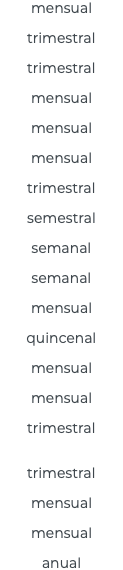 mensual trimestral trimestral mensual mensual mensual trimestral semestral semanal semanal mensual quincenal mensual mensual trimestral trimestral mensual mensual anual