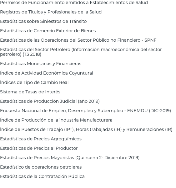 Permisos de Funcionamiento emitidos a Establecimientos de Salud Registros de Títulos y Profesionales de la Salud Estadísticas sobre Siniestros de Tránsito Estadísticas de Comercio Exterior de Bienes Estadísticas de las Operaciones del Sector Público no Financiero - SPNF Estadísticas del Sector Petrolero (Información macroeconómica del sector petrolero) (T3 2018) Estadísticas Monetarias y Financieras Índice de Actividad Económica Coyuntural Índices de Tipo de Cambio Real Sistema de Tasas de Interés Estadísticas de Producción Judicial (año 2019) Encuesta Nacional de Empleo, Desempleo y Subempleo - ENEMDU (DIC-2019) Índice de Producción de la industria Manufacturera Índice de Puestos de Trabajo (IPT), Horas trabajadas (IH) y Remuneraciones (IR) Estadísticas de Precios Agroquímicos Estadísticas de Precios al Productor Estadísticas de Precios Mayoristas (Quincena 2- Diciembre 2019) Estadístico de operaciones petroleras Estadísticas de la Contratación Pública 