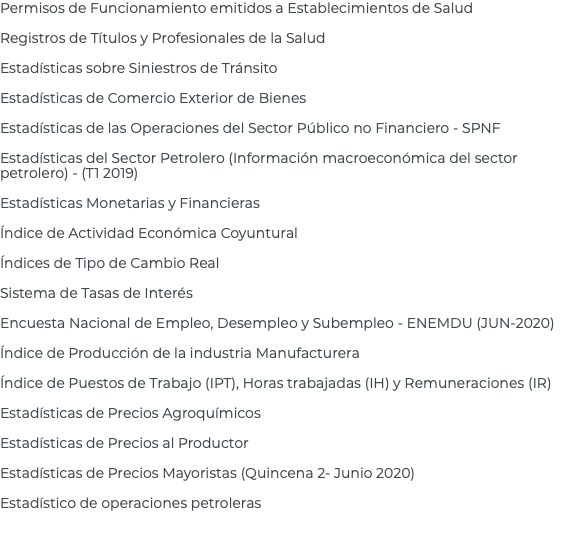 Permisos de Funcionamiento emitidos a Establecimientos de Salud Registros de Títulos y Profesionales de la Salud Estadísticas sobre Siniestros de Tránsito Estadísticas de Comercio Exterior de Bienes Estadísticas de las Operaciones del Sector Público no Financiero - SPNF Estadísticas del Sector Petrolero (Información macroeconómica del sector petrolero) - (T1 2019) Estadísticas Monetarias y Financieras Índice de Actividad Económica Coyuntural Índices de Tipo de Cambio Real Sistema de Tasas de Interés Encuesta Nacional de Empleo, Desempleo y Subempleo - ENEMDU (JUN-2020) Índice de Producción de la industria Manufacturera Índice de Puestos de Trabajo (IPT), Horas trabajadas (IH) y Remuneraciones (IR) Estadísticas de Precios Agroquímicos Estadísticas de Precios al Productor Estadísticas de Precios Mayoristas (Quincena 2- Junio 2020) Estadístico de operaciones petroleras