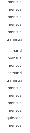 mensual mensual mensual mensual mensual trimestral semanal mensual mensual semanal trimestral mensual mensual mensual mensual quincenal mensual 