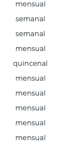 mensual semanal semanal mensual quincenal mensual mensual mensual mensual mensual