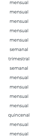 mensual mensual mensual mensual mensual semanal trimestral semanal mensual mensual mensual mensual quincenal mensual mensual 