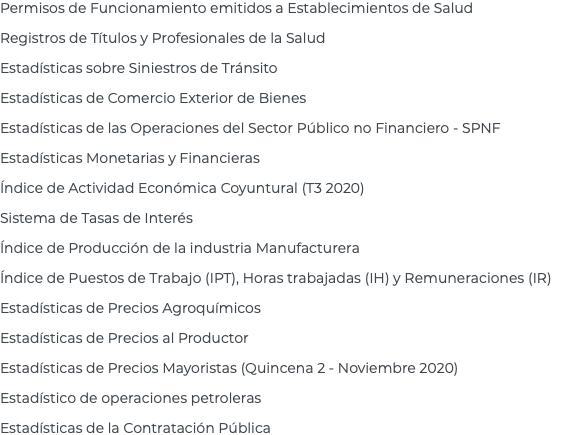 Permisos de Funcionamiento emitidos a Establecimientos de Salud Registros de Títulos y Profesionales de la Salud Estadísticas sobre Siniestros de Tránsito Estadísticas de Comercio Exterior de Bienes Estadísticas de las Operaciones del Sector Público no Financiero - SPNF Estadísticas Monetarias y Financieras Índice de Actividad Económica Coyuntural (T3 2020) Sistema de Tasas de Interés Índice de Producción de la industria Manufacturera Índice de Puestos de Trabajo (IPT), Horas trabajadas (IH) y Remuneraciones (IR) Estadísticas de Precios Agroquímicos Estadísticas de Precios al Productor Estadísticas de Precios Mayoristas (Quincena 2 - Noviembre 2020) Estadístico de operaciones petroleras Estadísticas de la Contratación Pública