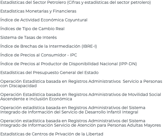 Estadísticas del Sector Petrolero (Cifras y estadísticas del sector petrolero) Estadísticas Monetarias y Financieras Índice de Actividad Económica Coyuntural Índices de Tipo de Cambio Real Sistema de Tasas de Interés Índice de Brechas de la Intermediación (IBRE-I) Índice de Precios al Consumidor - IPC Índice de Precios al Productor de Disponibilidad Nacional (IPP-DN) Estadísticas del Presupuesto General del Estado Operación Estadística basada en Registros Administrativos Servicio a Personas con Discapacidad Operación Estadística basada en Registros Administrativos de Movilidad Social Ascendente e Inclusión Económica Operación estadística basada en Registros Administrativos del Sistema Integrado de Información del Servicio de Desarrollo Infantil Integral Operación estadística basada en Registros Administrativos del Sistema Integrado de Información Servicio de Atención para Personas Adultas Mayores Estadísticas de Centros de Privación de la Libertad