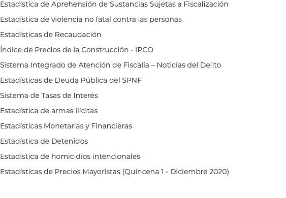 Estadística de Aprehensión de Sustancias Sujetas a Fiscalización Estadística de violencia no fatal contra las personas Estadísticas de Recaudación Índice de Precios de la Construcción - IPCO Sistema Integrado de Atención de Fiscalía – Noticias del Delito Estadísticas de Deuda Pública del SPNF Sistema de Tasas de Interés Estadística de armas ilícitas Estadísticas Monetarias y Financieras Estadística de Detenidos Estadística de homicidios intencionales Estadísticas de Precios Mayoristas (Quincena 1 - Diciembre 2020) 