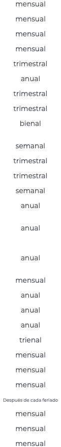 mensual mensual mensual mensual trimestral anual trimestral trimestral bienal semanal trimestral trimestral semanal anual anual anual mensual anual anual anual trienal mensual mensual mensual Después de cada feriado mensual mensual mensual