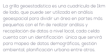 La grilla geoestadística es una cuadrícula de 1km de lado, que puede ser utilizada en análisis geoespacial para dividir un área en partes más pequeñas con el fin de realizar análisis y recopilación de datos a nivel local, cada celda cuenta con un identificación única que servirá para mapeo de datos demográficos, gestión ambiental, planificación urbana entre otros.